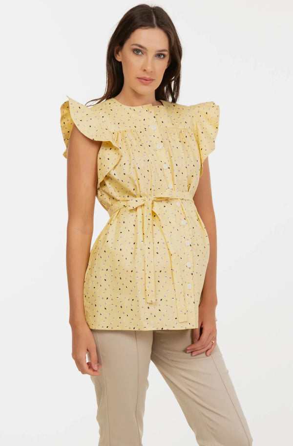 Bluză din bumbac pentru gravide și alăptare cu mâneci cu volane