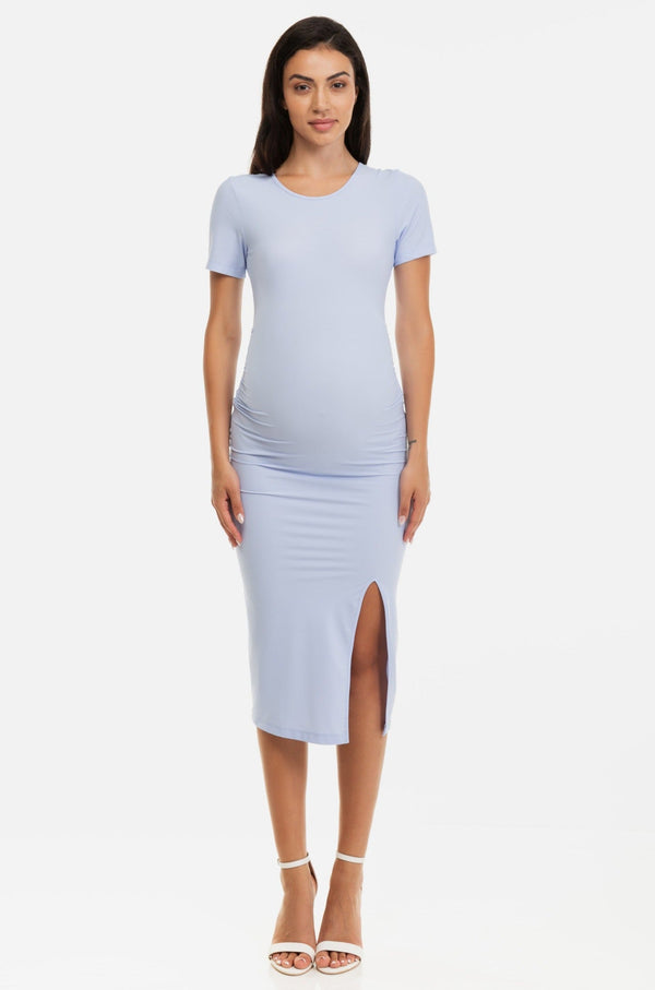 Rochie lungă albastru deschis cu fentă pentru gravide