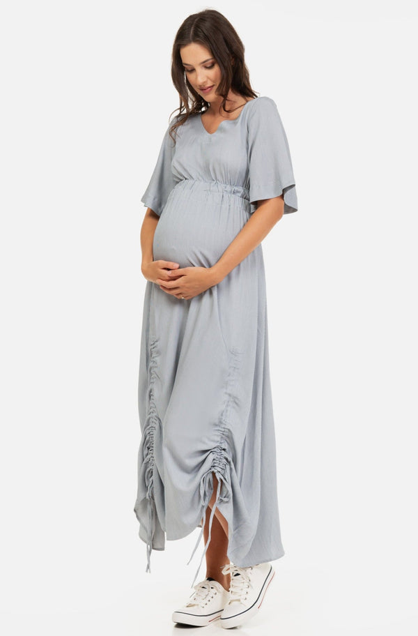 Rochie lungă pentru gravide în dungi cu șnururi