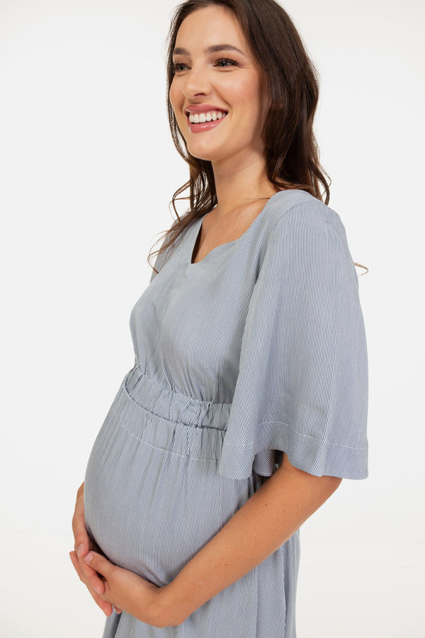 Rochie lungă pentru gravide în dungi cu șnururi