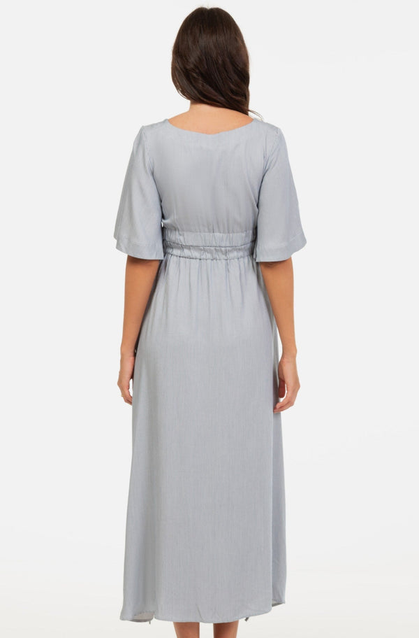 Rochie lungă pentru gravide în dungi cu șnururi