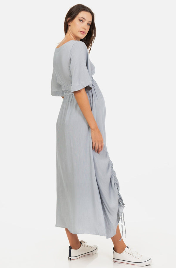 Rochie lungă pentru gravide în dungi cu șnururi