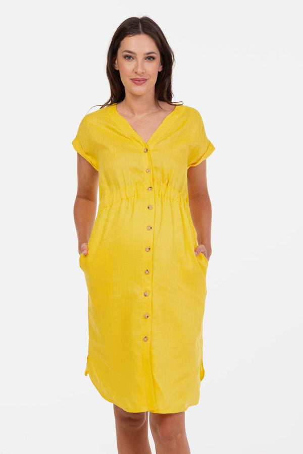 Rochie din in pentru gravide și alăptare – galbenă