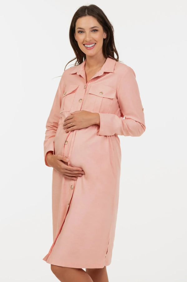 Rochie-cămașă din bumbac pentru gravide și alăptare - piersică