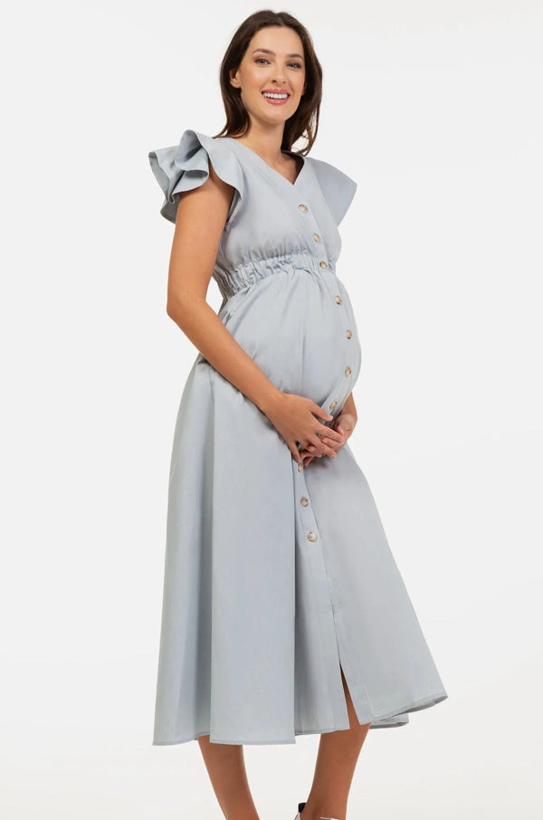 Rochie lungă din bumbac, albastru deschis, pentru gravide, cu volane