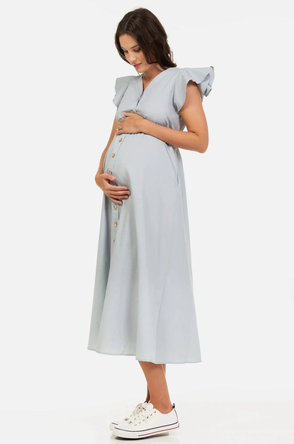 Rochie lungă din bumbac, albastru deschis, pentru gravide, cu volane