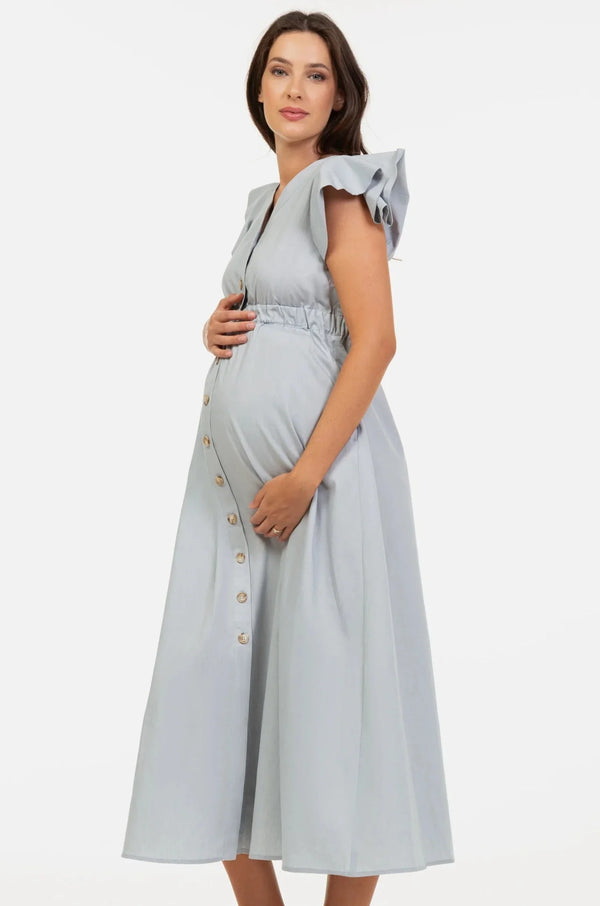 Rochie lungă din bumbac, albastru deschis, pentru gravide, cu volane
