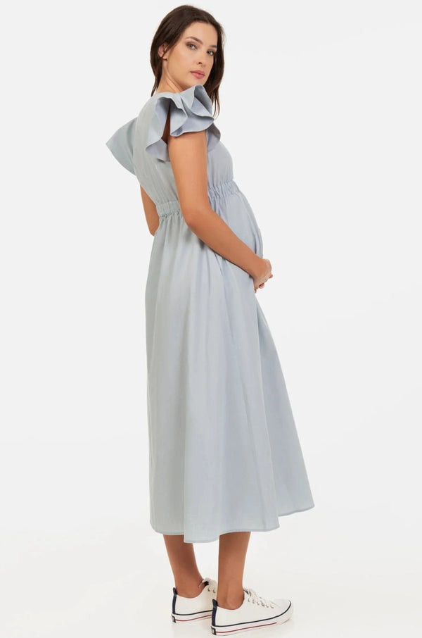 Rochie lungă din bumbac, albastru deschis, pentru gravide, cu volane