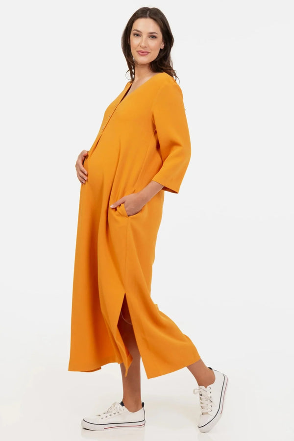 Rochie lungă cu fante pentru gravide și alăptare în portocaliu