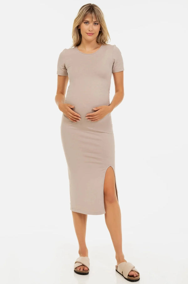 Rochie lungă bej pentru gravide cu fantă din bumbac organic