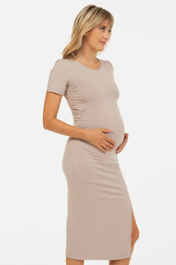 Rochie lungă bej pentru gravide cu fantă din bumbac organic