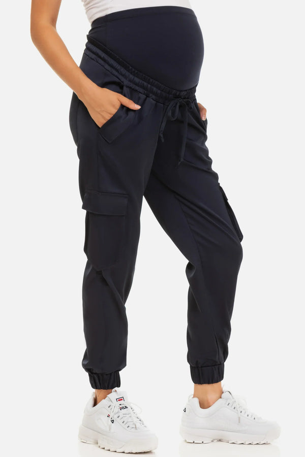Pantaloni cargo din satin pentru gravide - albastru închis