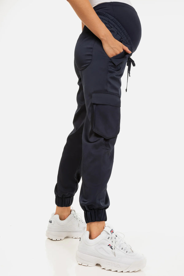 Pantaloni cargo din satin pentru gravide - albastru închis