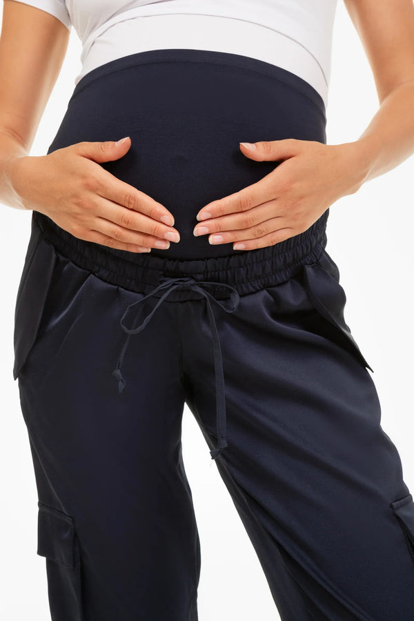 Pantaloni cargo din satin pentru gravide - albastru închis