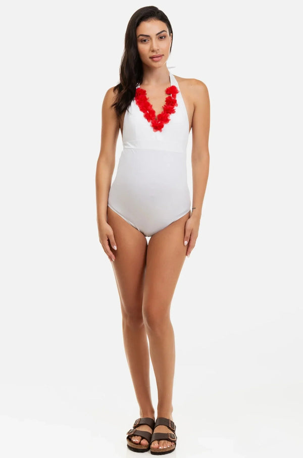 Costum de baie pentru gravide cu aplicații cu flori - alb