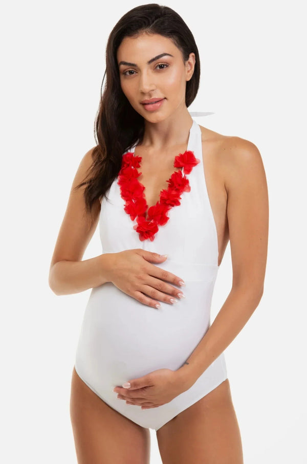 Costum de baie pentru gravide cu aplicații cu flori - alb