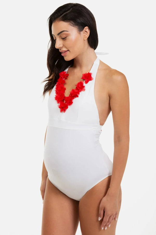 Costum de baie pentru gravide cu aplicații cu flori - alb