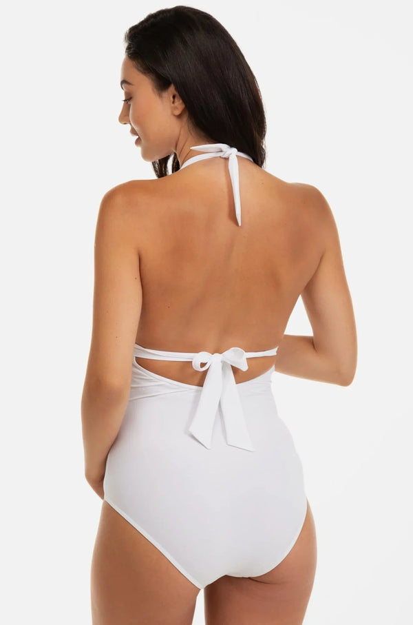 Costum de baie pentru gravide cu aplicații cu flori - alb