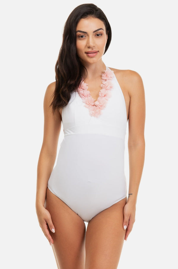 Costum de baie pentru gravide cu aplicații cu flori în alb