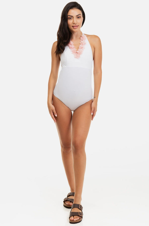 Costum de baie pentru gravide cu aplicații cu flori în alb