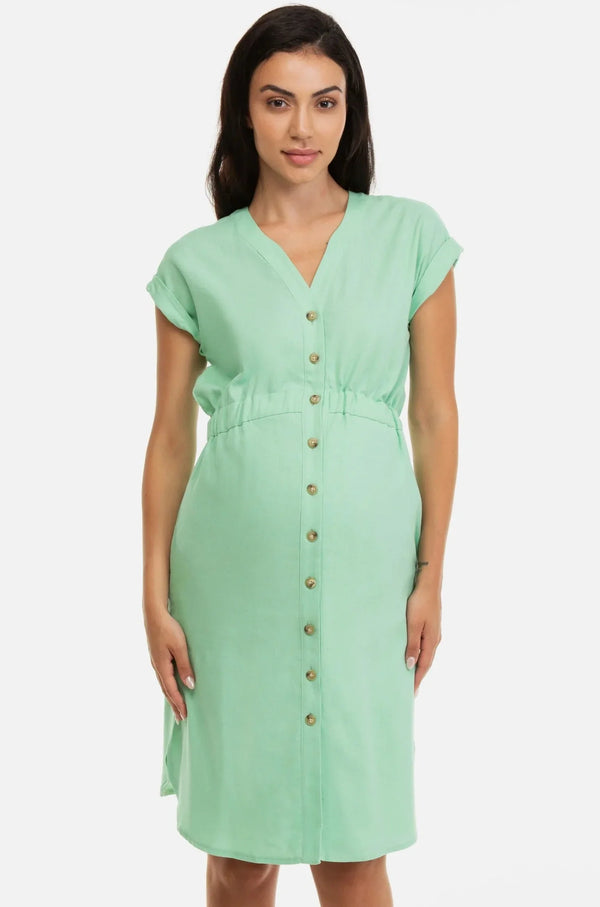 Rochie cămașă pentru gravide și alăptare din amestec de in - verde deschis