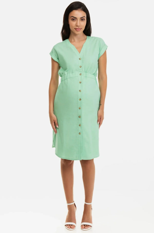 Rochie cămașă pentru gravide și alăptare din amestec de in - verde deschis