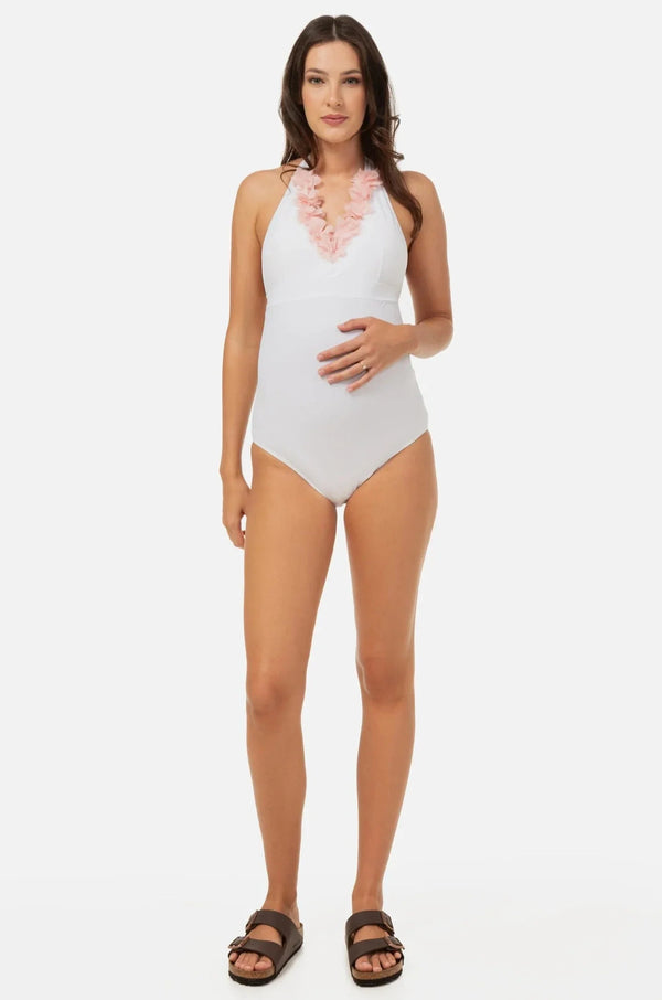 Costum de baie pentru gravide cu aplicații cu flori în alb