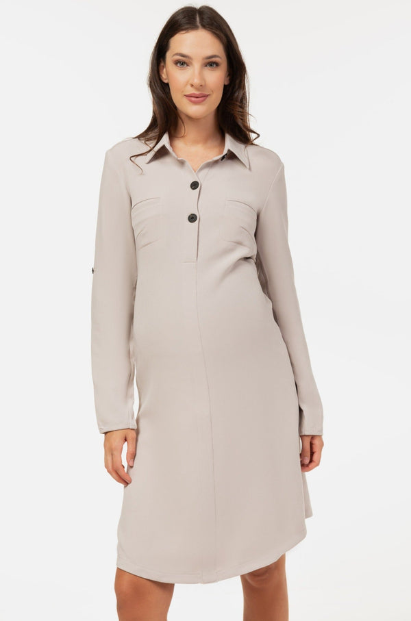Rochie-cămașă pentru gravide și alăptare din material texturat – bej deschis