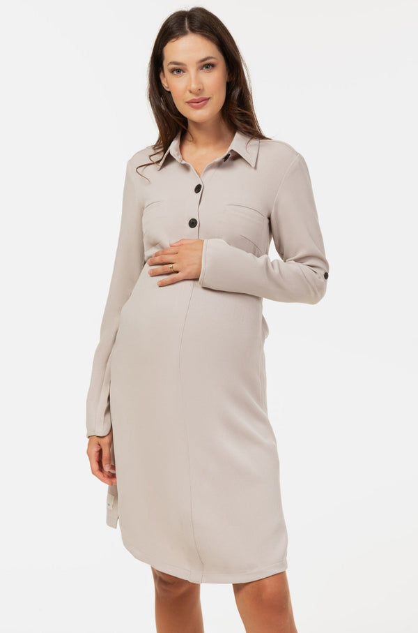 Rochie-cămașă pentru gravide și alăptare din material texturat – bej deschis