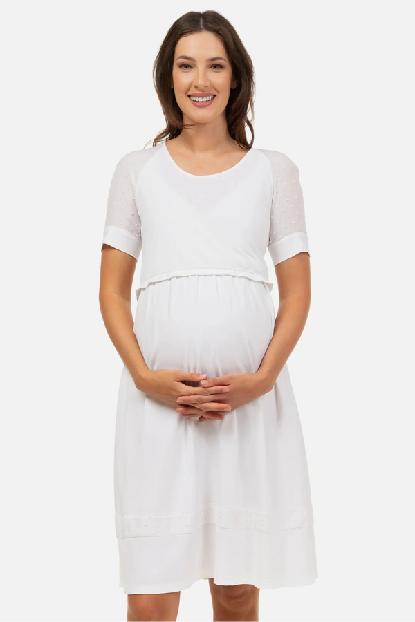 Rochie albă pentru gravide și alăptare cu element transparent