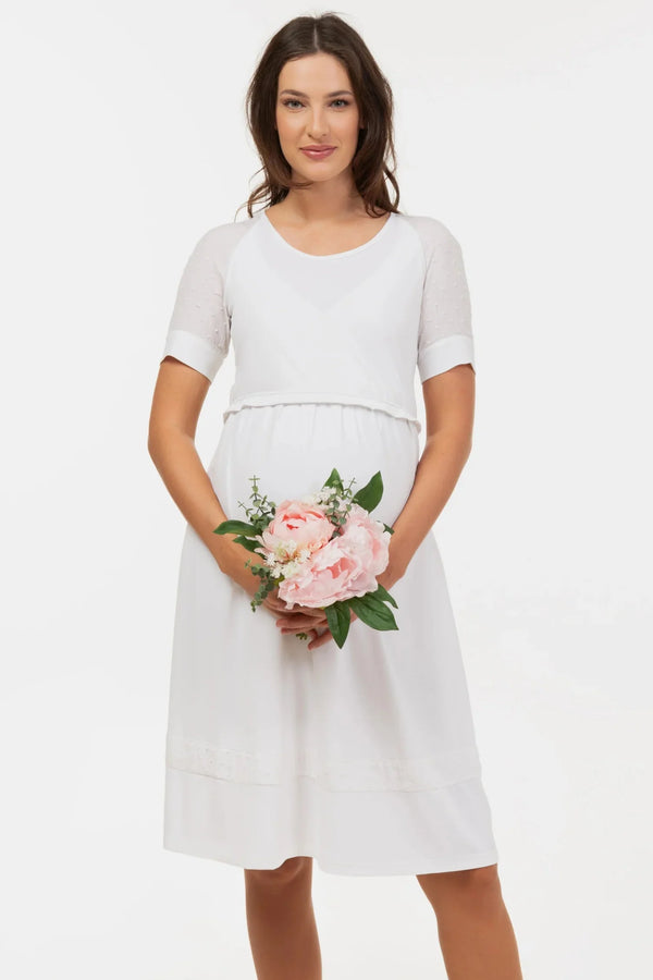 Rochie albă pentru gravide și alăptare cu element transparent