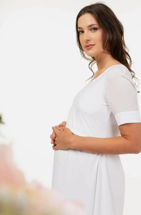 Rochie albă pentru gravide și alăptare cu element transparent