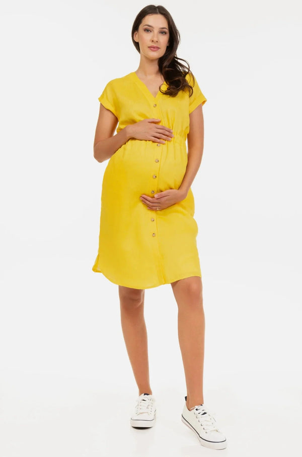 Rochie din in pentru gravide și alăptare – galbenă