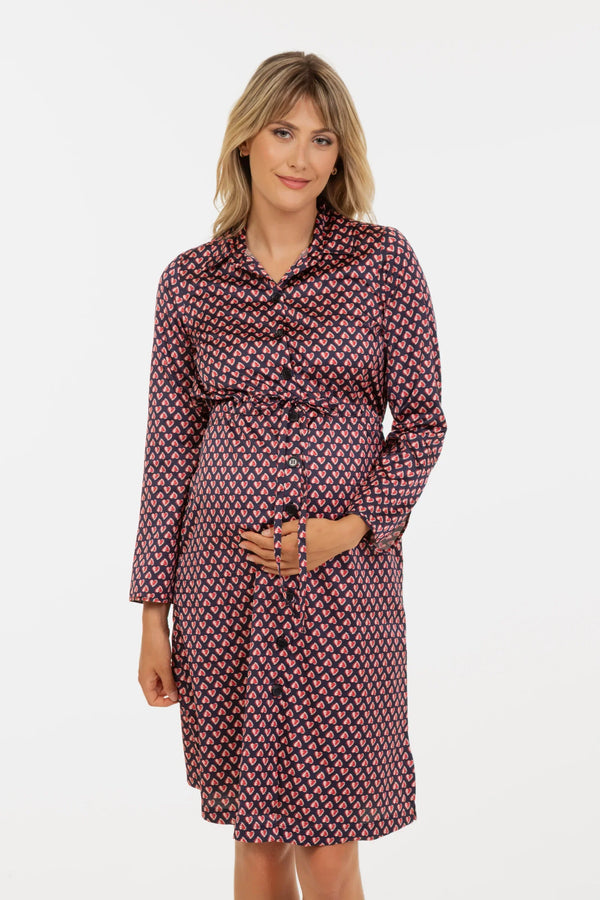 Rochie-cămașă din satin pentru gravide și alăptare cu model