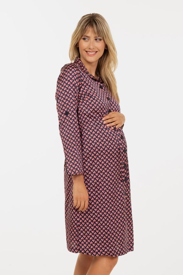 Rochie-cămașă din satin pentru gravide și alăptare cu model