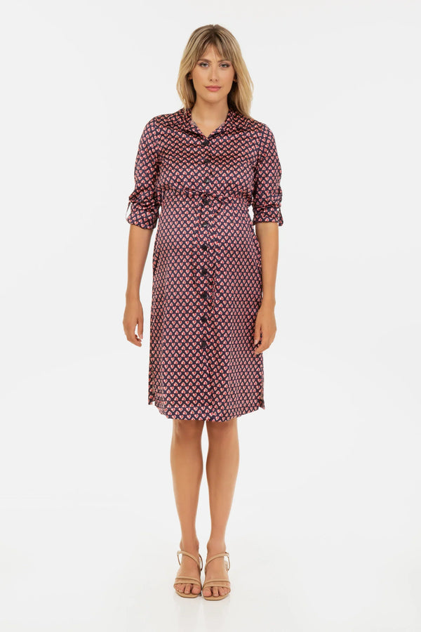 Rochie-cămașă din satin pentru gravide și alăptare cu model