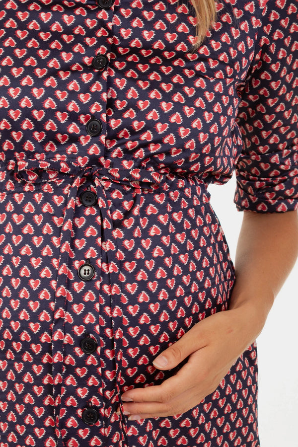 Rochie-cămașă din satin pentru gravide și alăptare cu model