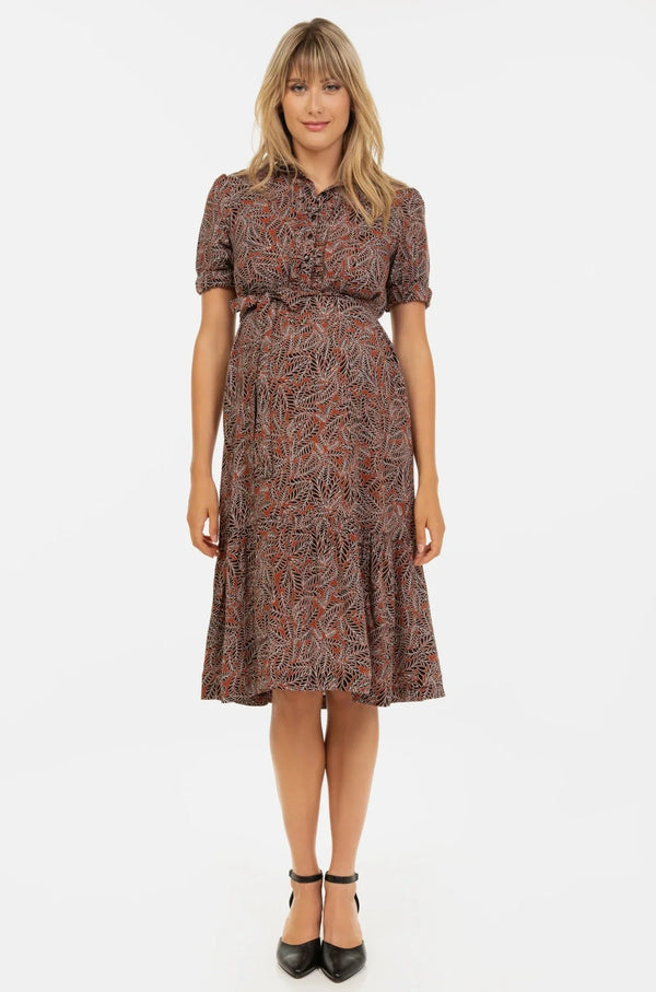 Rochie pentru gravide și alaptare cu gulerul cu volane - maro