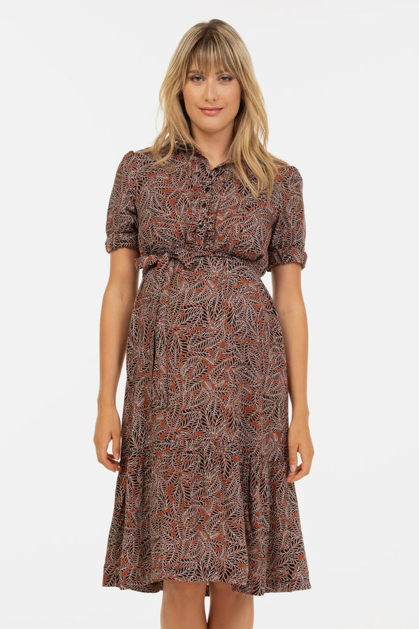 Rochie pentru gravide și alaptare cu gulerul cu volane - maro