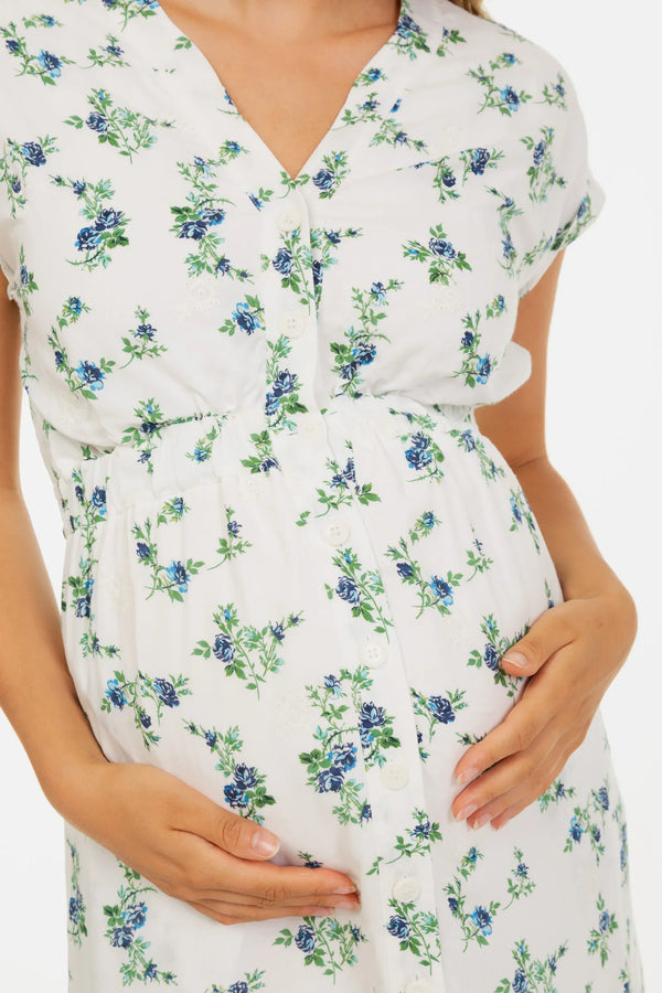 Rochie din bumbac pentru gravide și alăptare, cu broderie - flori albastre
