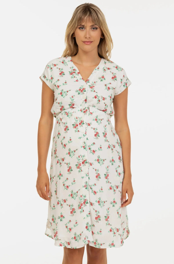 Rochie din bumbac pentru gravide și alăptare, cu broderie – flori roșii