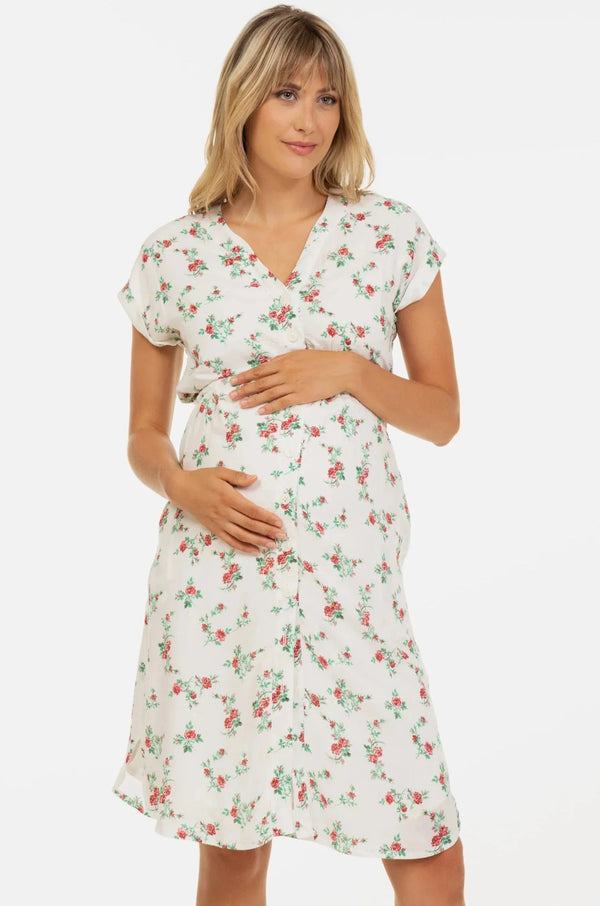 Rochie din bumbac pentru gravide și alăptare, cu broderie – flori roșii