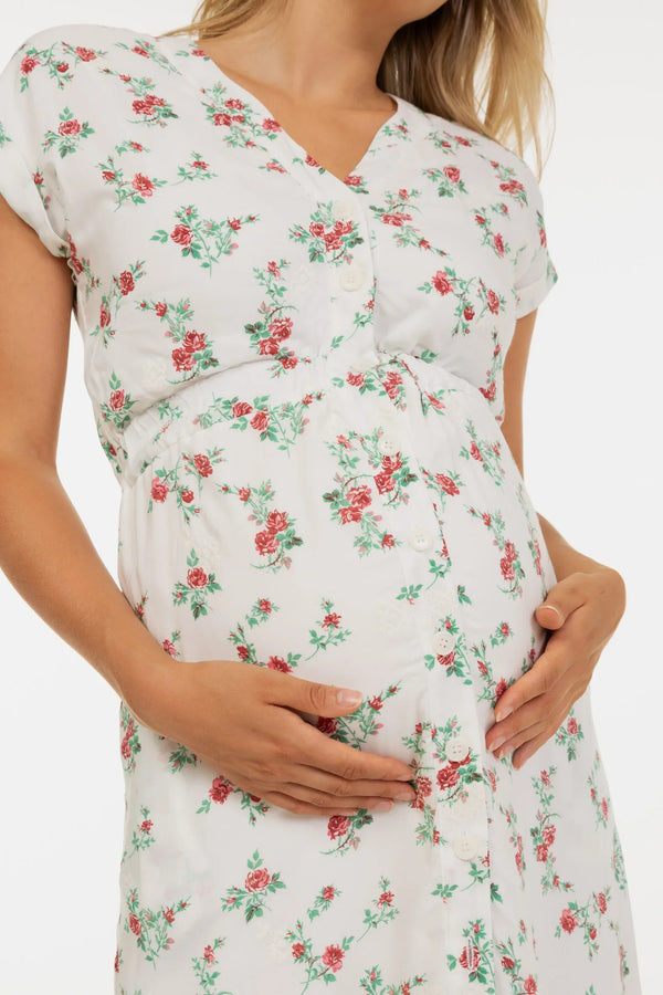 Rochie din bumbac pentru gravide și alăptare, cu broderie – flori roșii