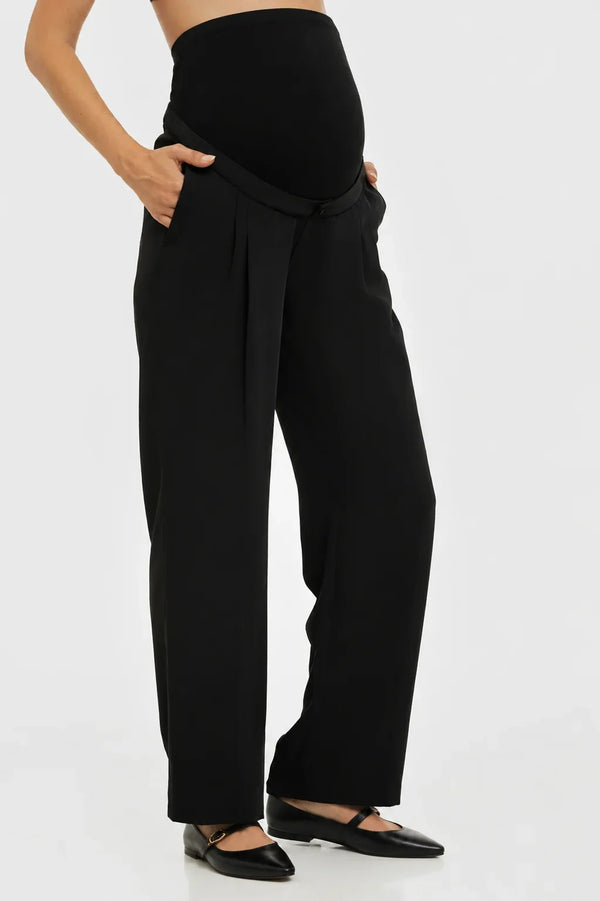 Pantaloni evazați elastici cu pliuri pentru gravide – negri