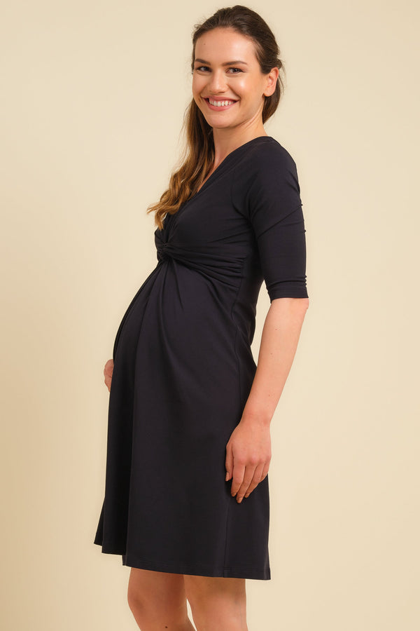 Rochie din bumbac cu nod pentru gravide - albastru închis