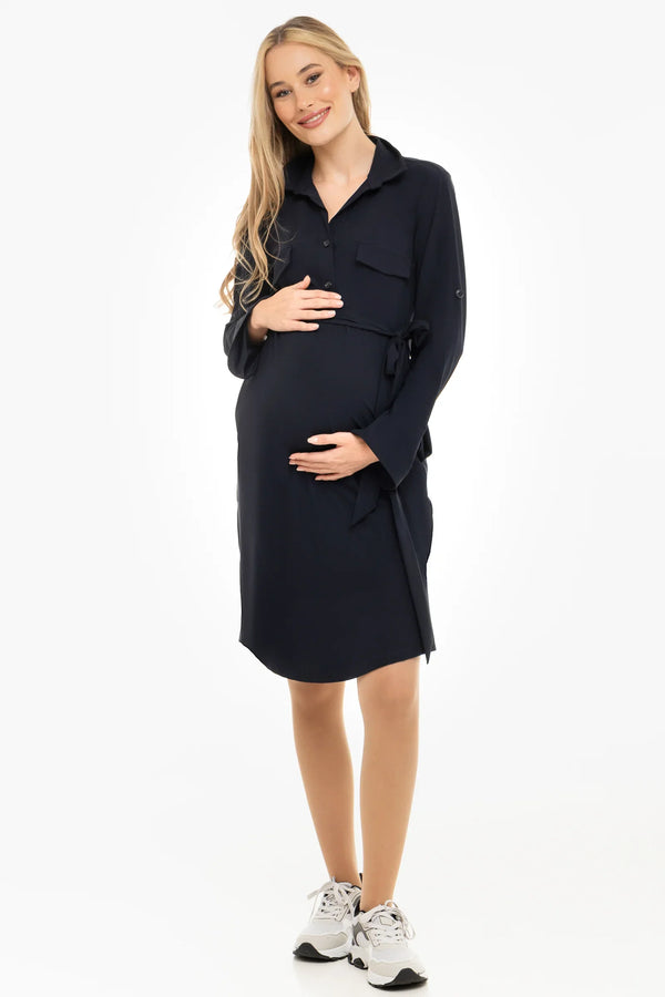 Rochie elastică cu guler pentru gravide și alăptare – bleumarin