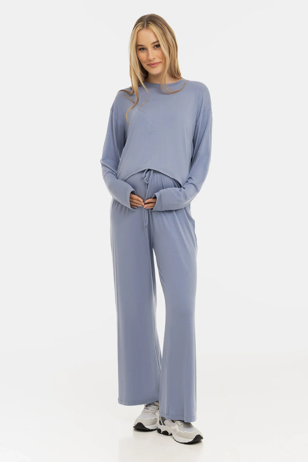 Pantaloni evazați moi din modal pentru gravide - albastru pastel