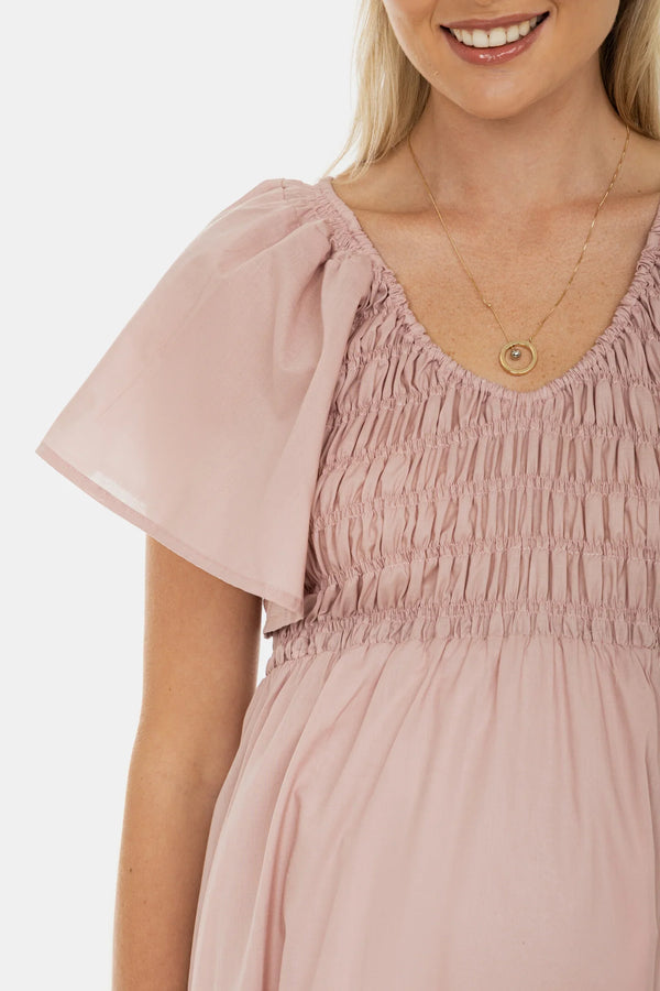 Rochie de vară din bumbac pentru gravide cu încrețituri – pudră