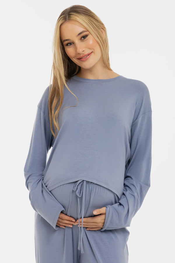 Crop top moale cu mânecă lungă pentru gravide din modal - albastru pastel