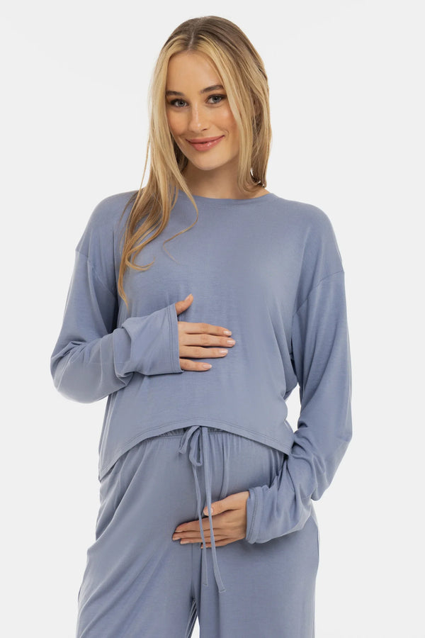 Crop top moale cu mânecă lungă pentru gravide din modal - albastru pastel